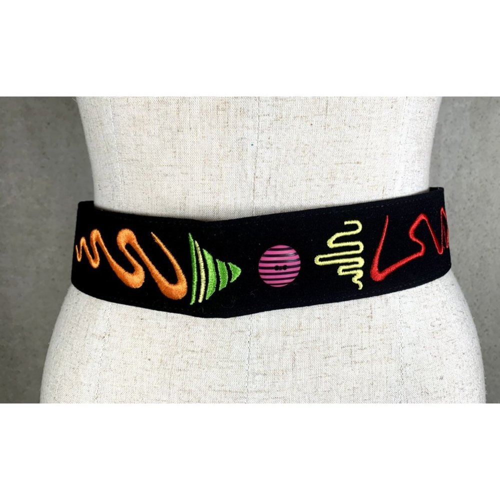 Vintage Statement Belt Medium Womens 90s Black Wide Strap‎ Waist Embroidered